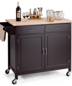 Brown Kitchen Island Storage Cart with Wood Top and Casters
