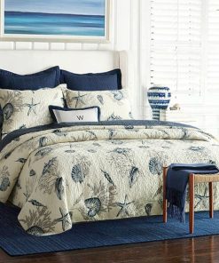 Queen size 100-Percent Cotton 3-Piece Bedspread Quilt Set Ocean Beach Sea Shells Marine Starfish