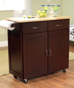 43-inch W Portable Kitchen Island Cart with Natural Wood Top in Espresso