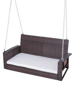 Espresso Wicker Porch Swing 7ft Hanging Chain with Cream Padded Cushion