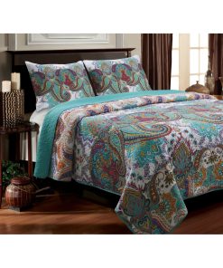 Full / Queen Teal Paisley 3-Piece Quilt Set in 100-Percent Cotton