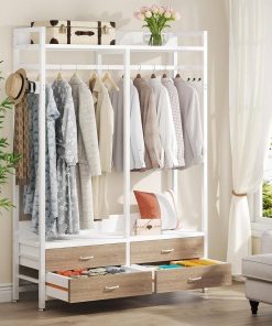 Freestanding White Oak Garment Rack Clothes Hanging Rod with 4 Storage Drawers