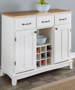 Natural Wood Top Kitchen Island Sideboard Cabinet Wine Rack in White