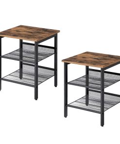 Set of 2 Side Table Nightstand with Medium Wood Finish Top and Mesh Shelves