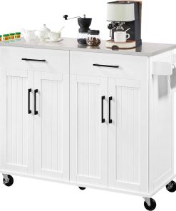 White Kitchen Cart Island with Stainless Steel Top 2 Drawers and Cabinet